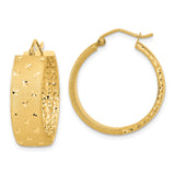 14k Yellow Gold Hoop Earrings with Diamond Cut Star Pattern, High Polish and Satin Finish