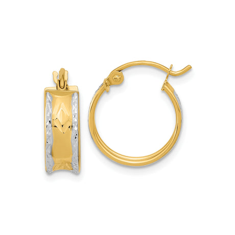 14k Yellow Gold Hoop Earrings with Rhodium Diamond Cut Leaf Design, Two Tone Lightweight Style