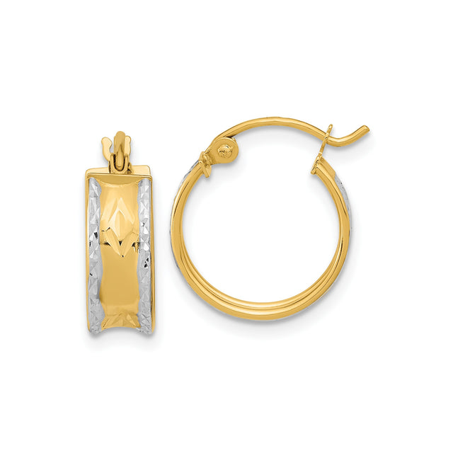 14k Yellow Gold Hoop Earrings with Rhodium Diamond Cut Leaf Design, Two Tone Lightweight Style