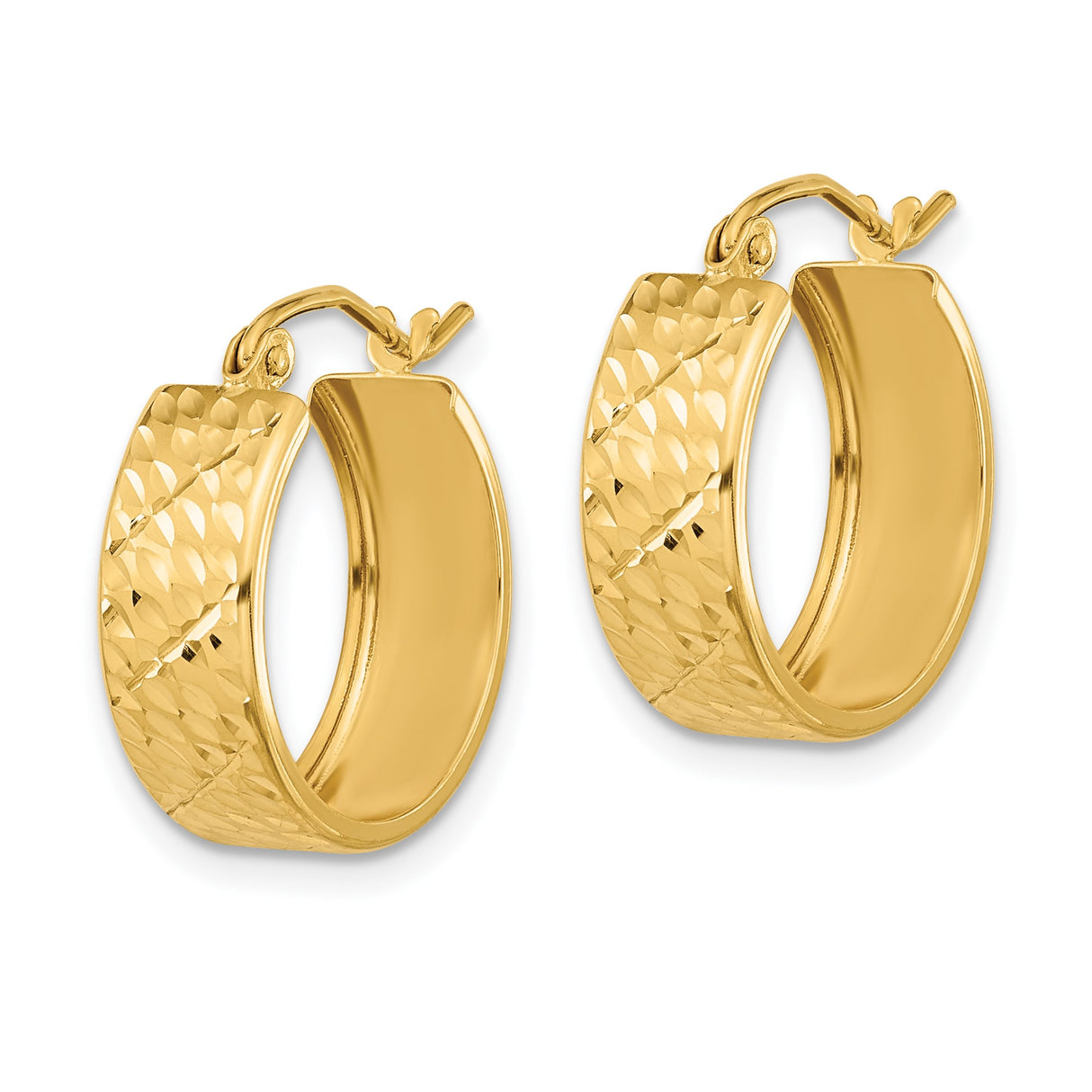 14k Yellow Gold Hoop Earrings with Diamond Cut Textured Design and Polished Finish