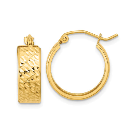 14k Yellow Gold Hoop Earrings with Diamond Cut Textured Design and Polished Finish