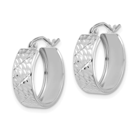 14k White Gold Hoop Earrings with Diamond Cut Textured Design and Hinged Latch Closure