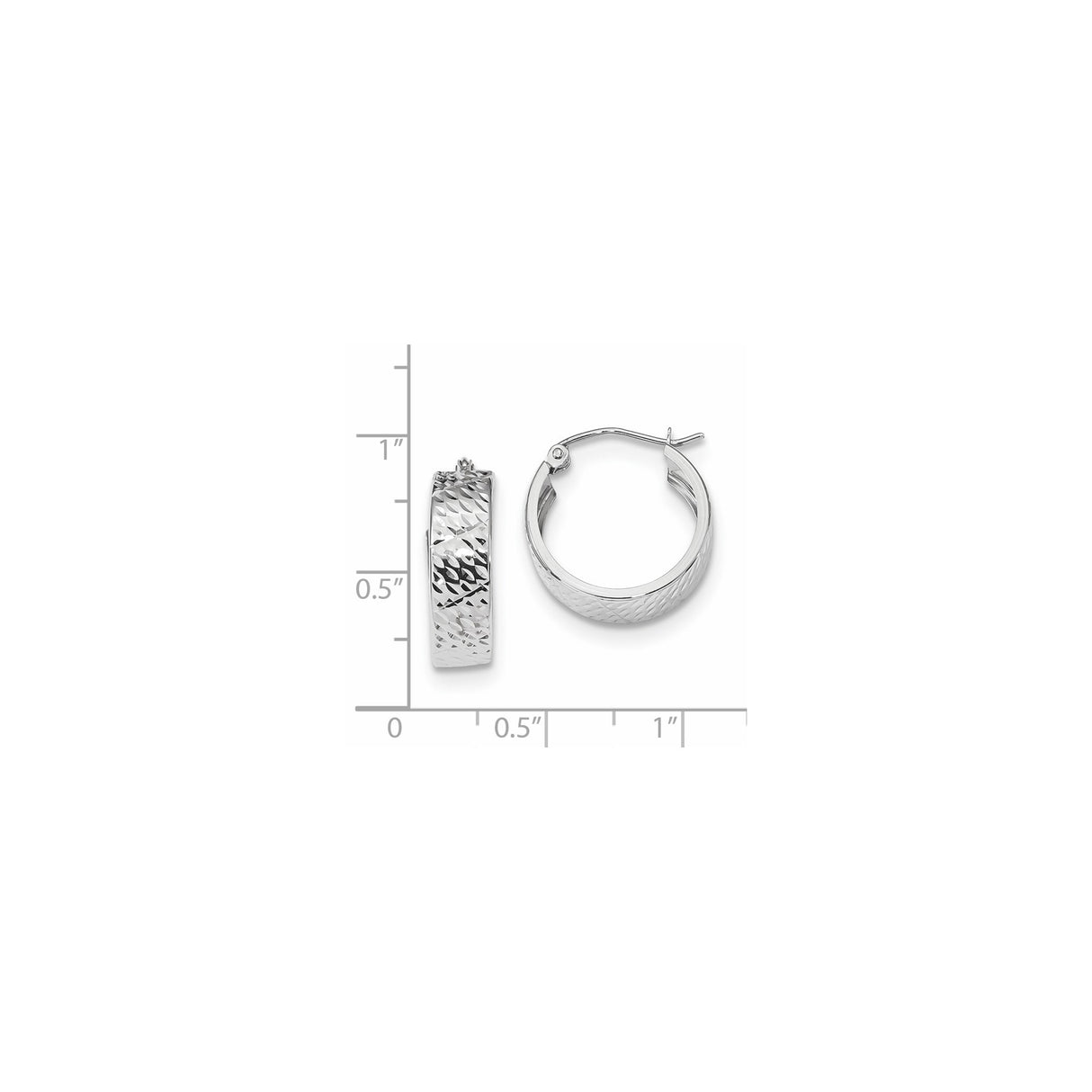 14k White Gold Hoop Earrings with Diamond Cut Textured Design and Hinged Latch Closure