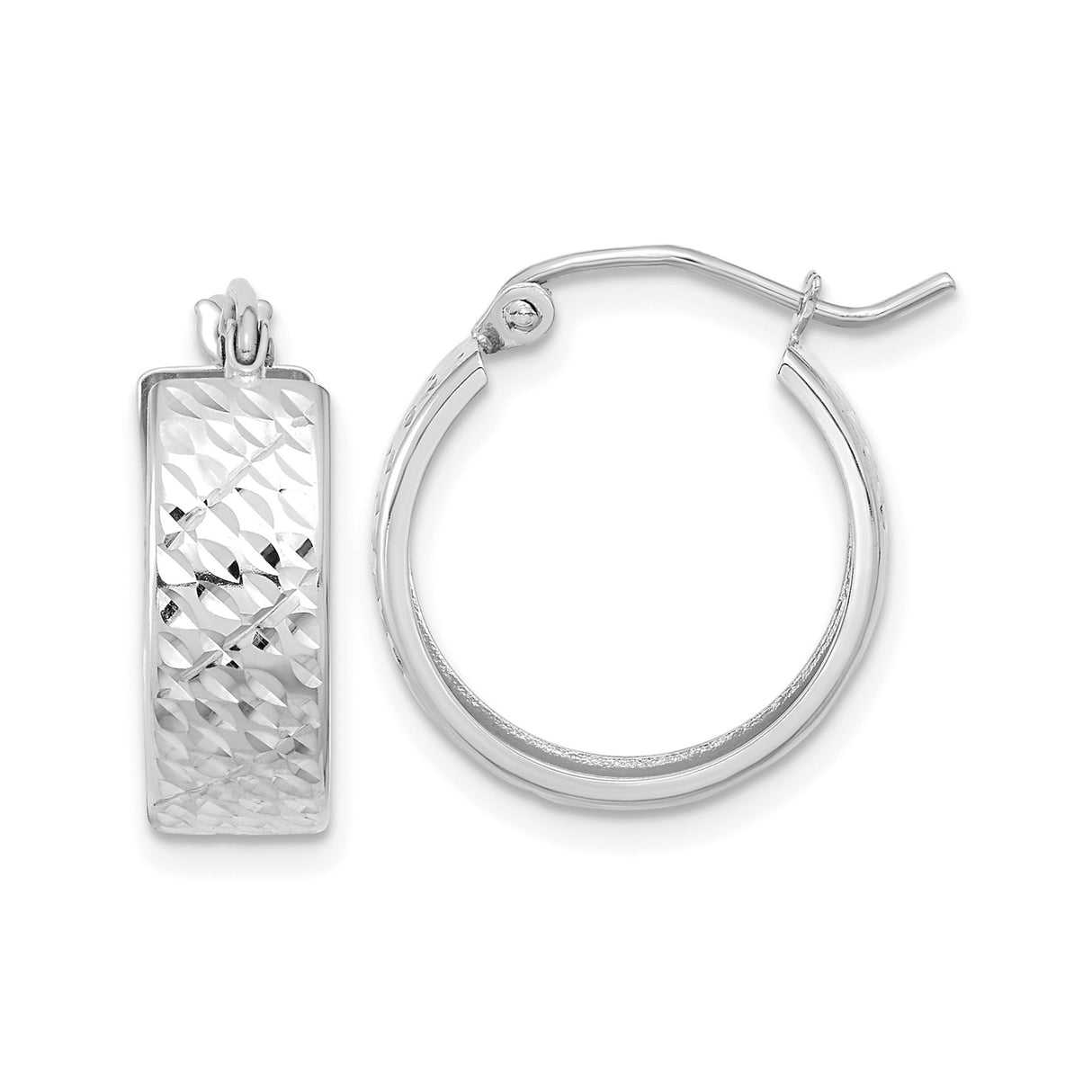 14k White Gold Hoop Earrings with Diamond Cut Textured Design and Hinged Latch Closure