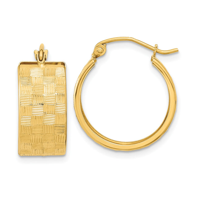 14k Yellow Gold Hoop Earrings, Textured Checkerboard Design with Polished Finish
