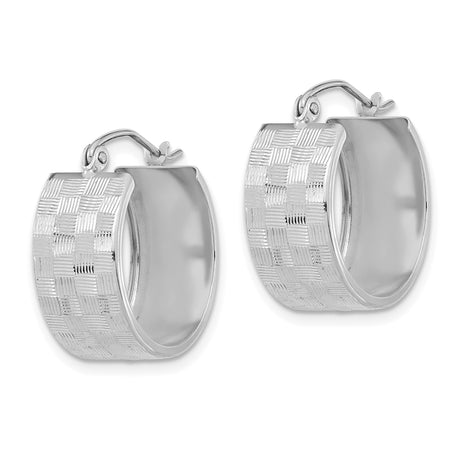 14k White Gold Hoop Earrings with Rectangular Drop and Basketweave Texture