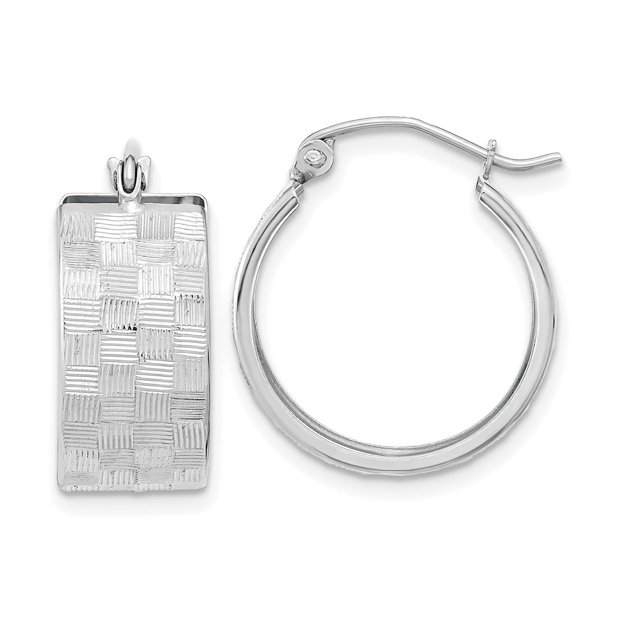 14k White Gold Hoop Earrings with Rectangular Drop and Basketweave Texture