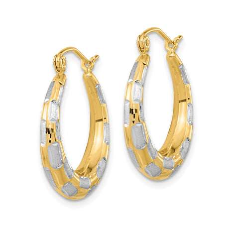 14k Yellow Gold Hoop Earrings, Textured Oval Design with Rhodium Two-Tone Finish for Women