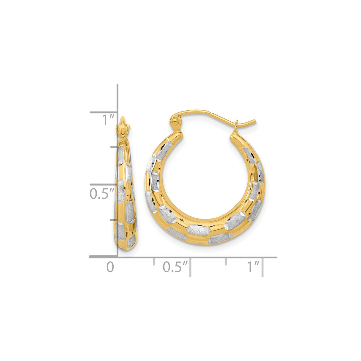 14k Yellow Gold Hoop Earrings, Textured Oval Design with Rhodium Two-Tone Finish for Women
