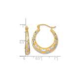 14k Yellow Gold Hoop Earrings, Textured Oval Design with Rhodium Two-Tone Finish for Women