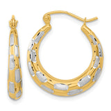 14k Yellow Gold Hoop Earrings, Textured Oval Design with Rhodium Two-Tone Finish for Women