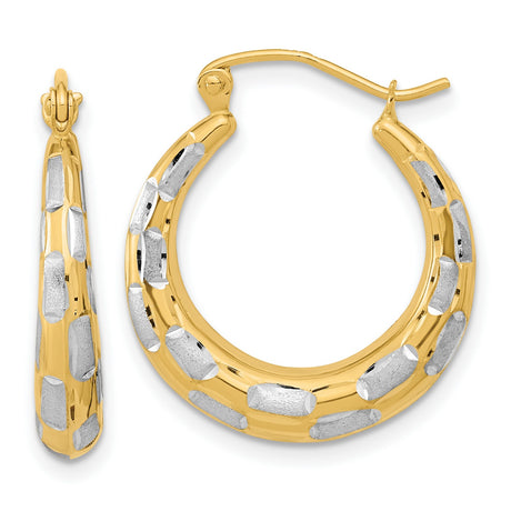 14k Yellow Gold Hoop Earrings, Textured Oval Design with Rhodium Two-Tone Finish for Women