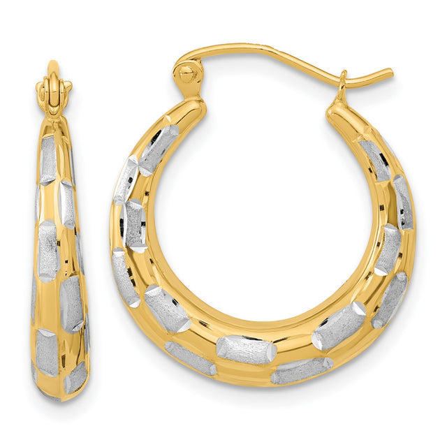 14k Yellow Gold Hoop Earrings, Textured Oval Design with Rhodium Two-Tone Finish for Women