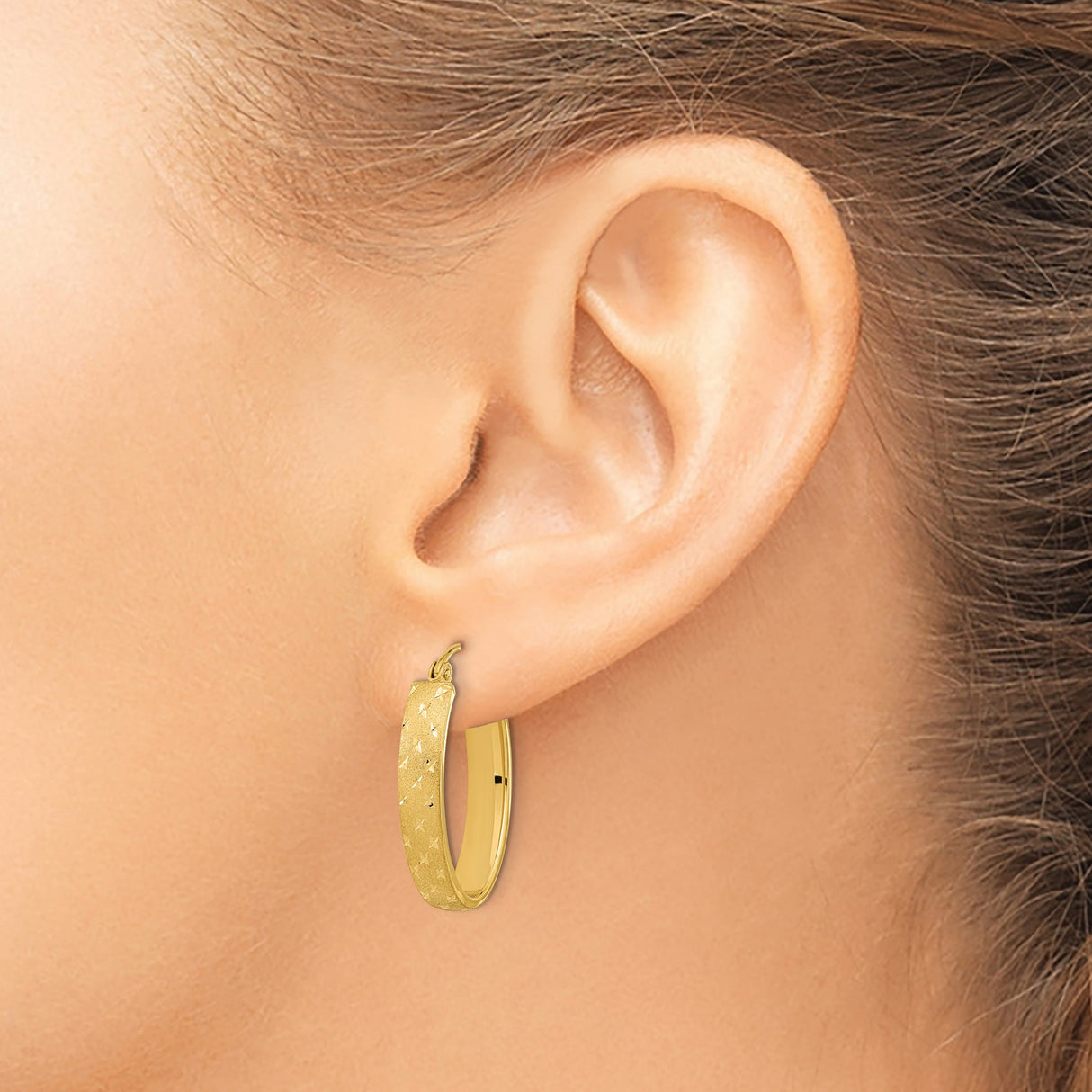 14k Yellow Gold Hoop Earrings, Oval Shape with Diamond-Cut Star Pattern and Satin Texture