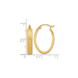 14k Yellow Gold Hoop Earrings, Oval Shape with Diamond-Cut Star Pattern and Satin Texture