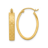 14k Yellow Gold Hoop Earrings, Oval Shape with Diamond-Cut Star Pattern and Satin Texture