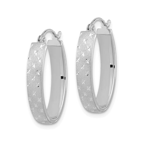 14k White Gold Oval Hoop Earrings with Diamond Cut Star Detail, Lightweight Polished Finish
