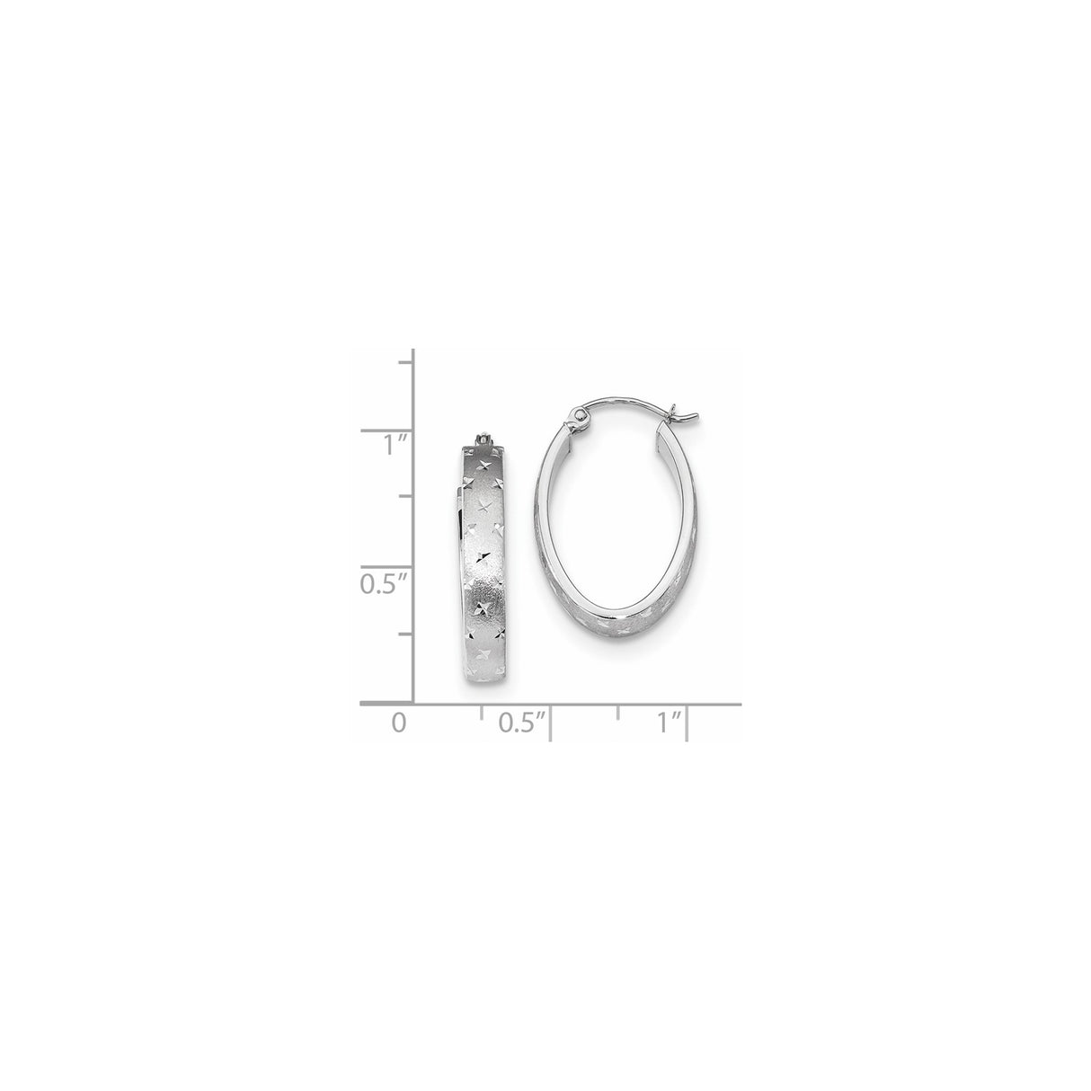 14k White Gold Oval Hoop Earrings with Diamond Cut Star Detail, Lightweight Polished Finish