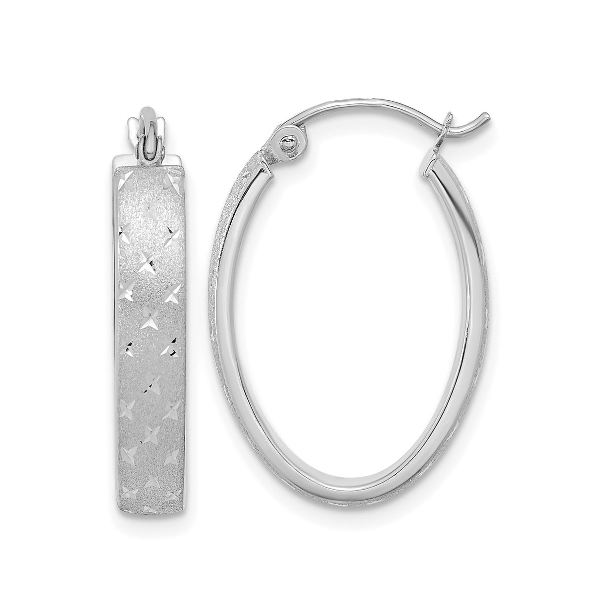 14k White Gold Oval Hoop Earrings with Diamond Cut Star Detail, Lightweight Polished Finish