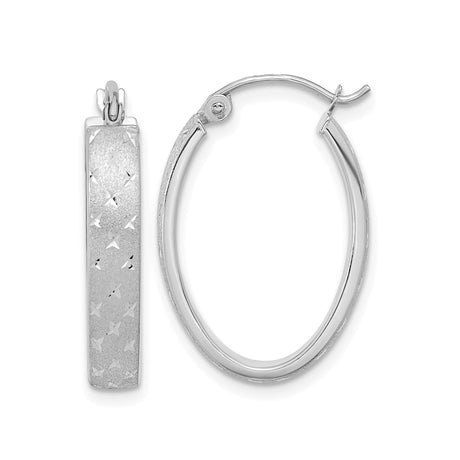 14k White Gold Oval Hoop Earrings with Diamond Cut Star Detail, Lightweight Polished Finish