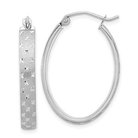 14k White Gold Oval Hoop Earrings with Textured Finish and Star-Cut Design
