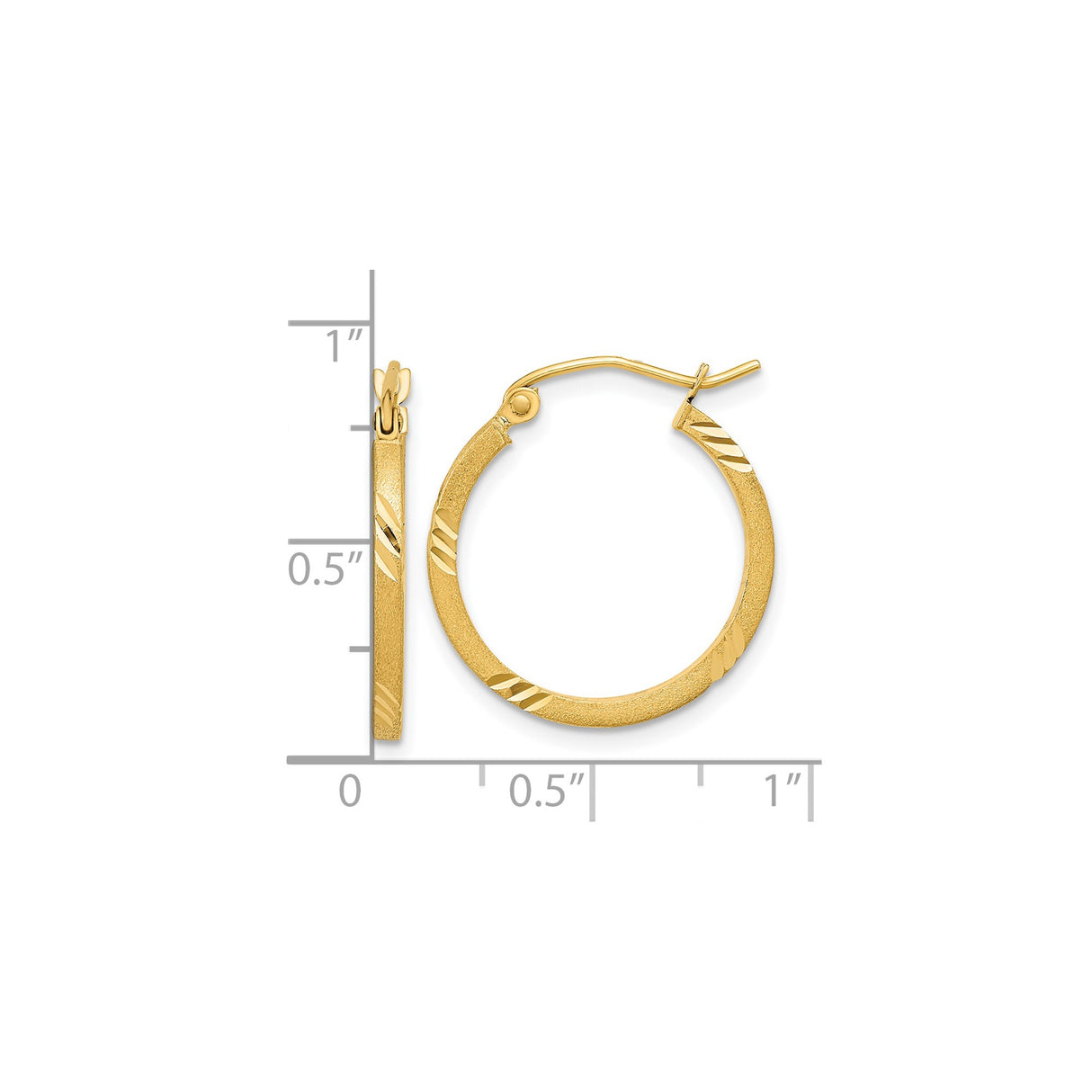 14k Yellow Gold Hoop Earrings with Satin Finish and Polished Diagonal Cuts
