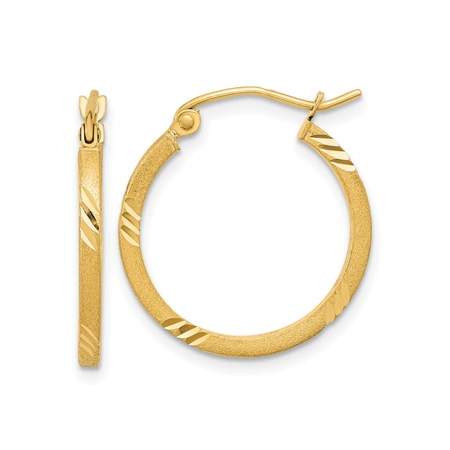 14k Yellow Gold Hoop Earrings with Satin Finish and Polished Diagonal Cuts