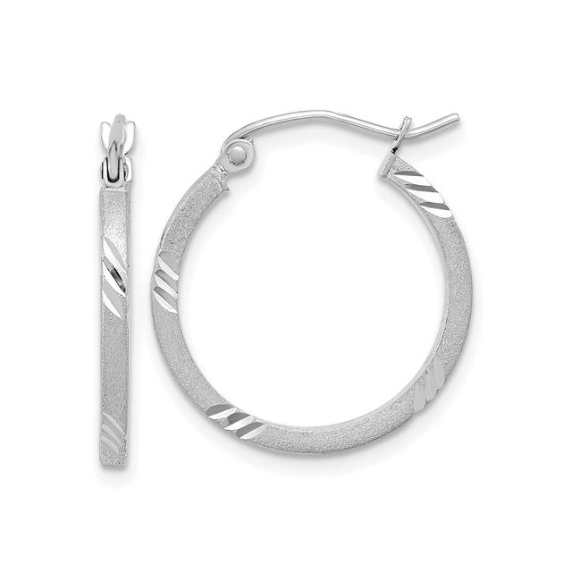 14k White Gold Hoop Earrings with Satin Finish and Polished Diagonal Cuts