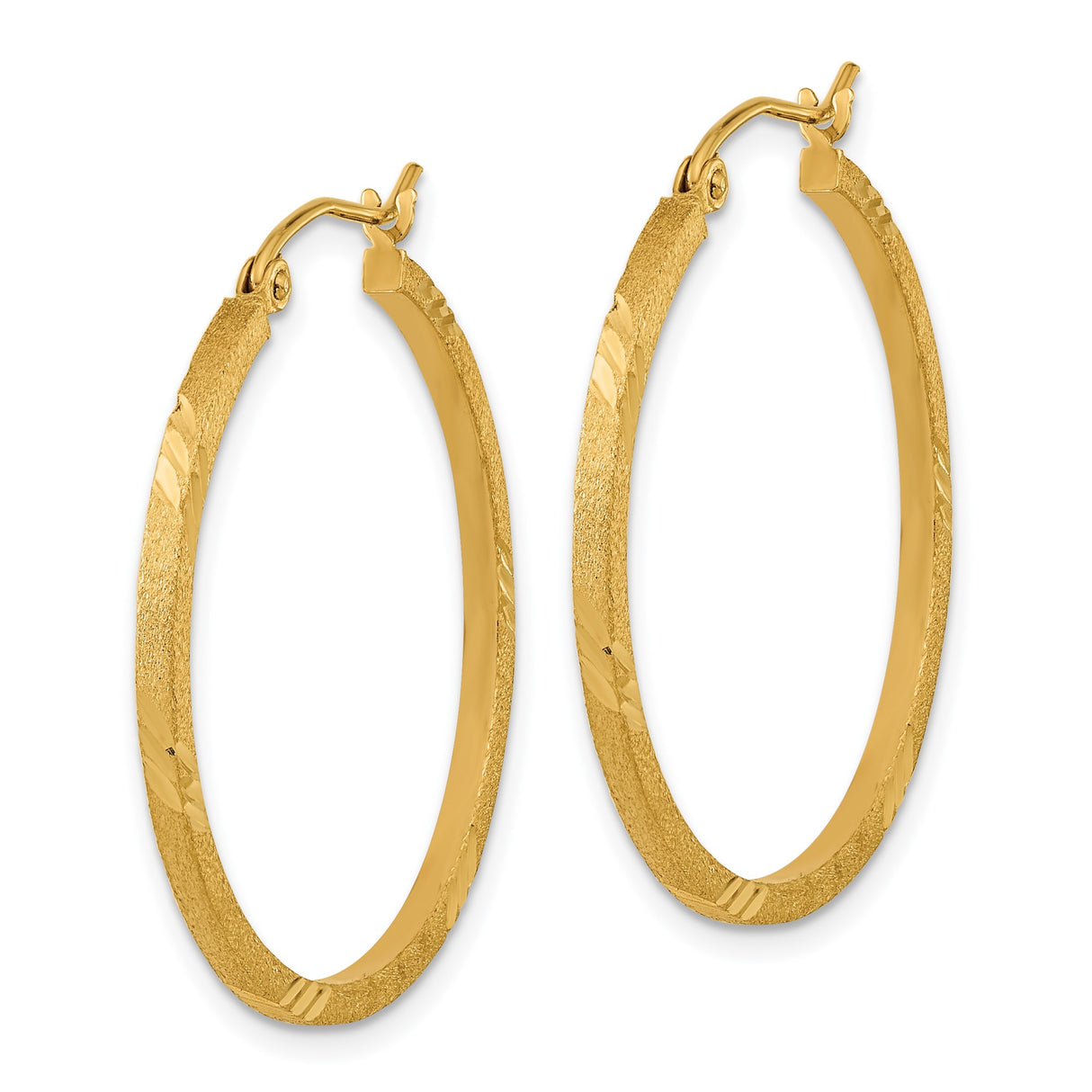 14k Yellow Gold Hoop Earrings, Satin Finish with Polished Diamond Cut Accents, Lightweight Medium Hoops