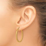 14k Yellow Gold Hoop Earrings, Satin Finish with Polished Diamond Cut Accents, Lightweight Medium Hoops