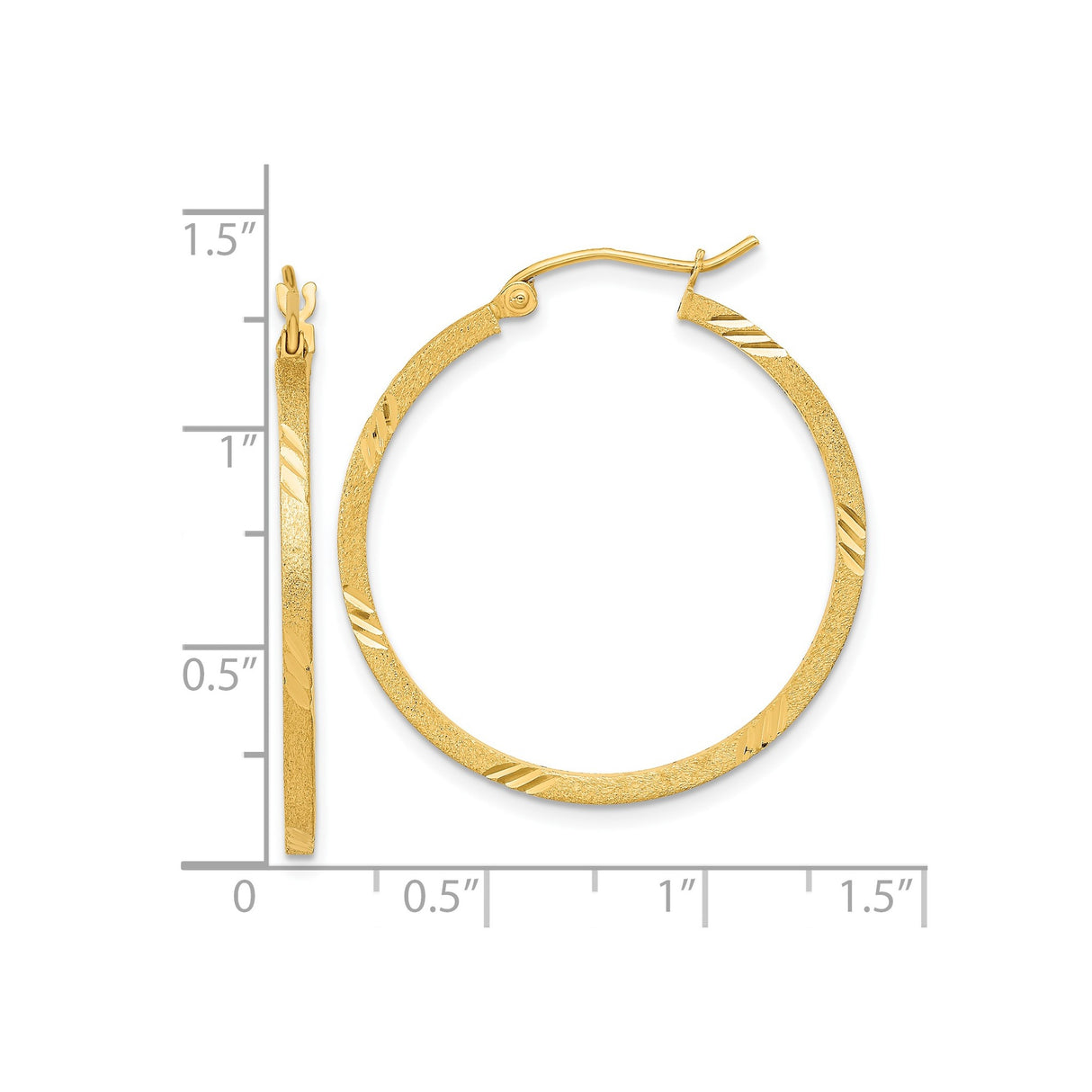14k Yellow Gold Hoop Earrings, Satin Finish with Polished Diamond Cut Accents, Lightweight Medium Hoops