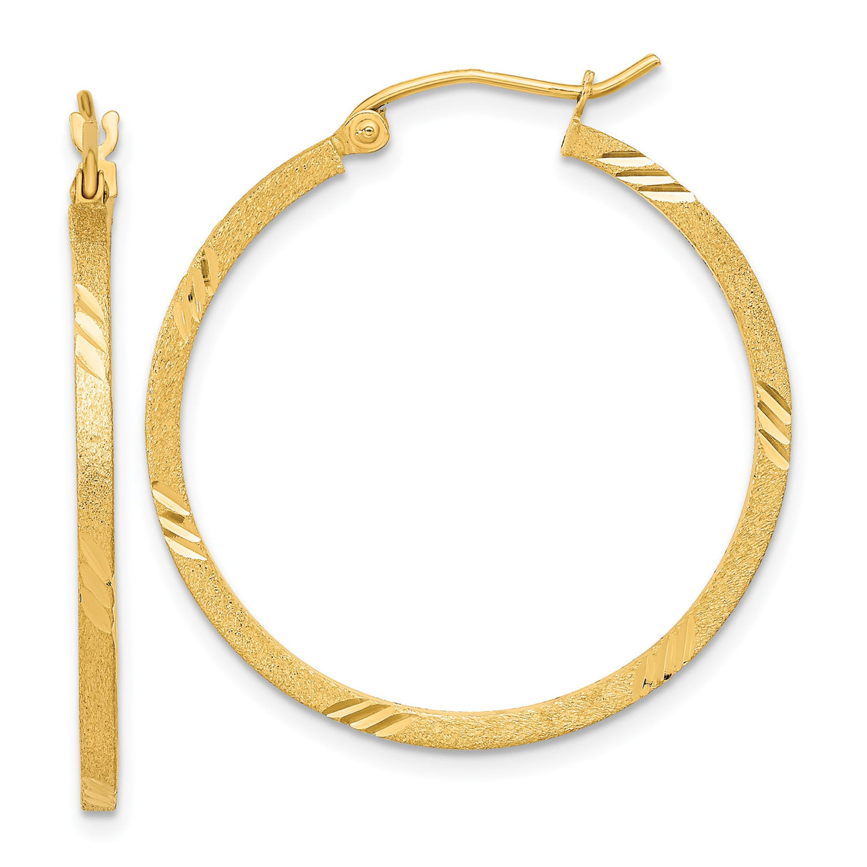 14k Yellow Gold Hoop Earrings, Satin Finish with Polished Diamond Cut Accents, Lightweight Medium Hoops