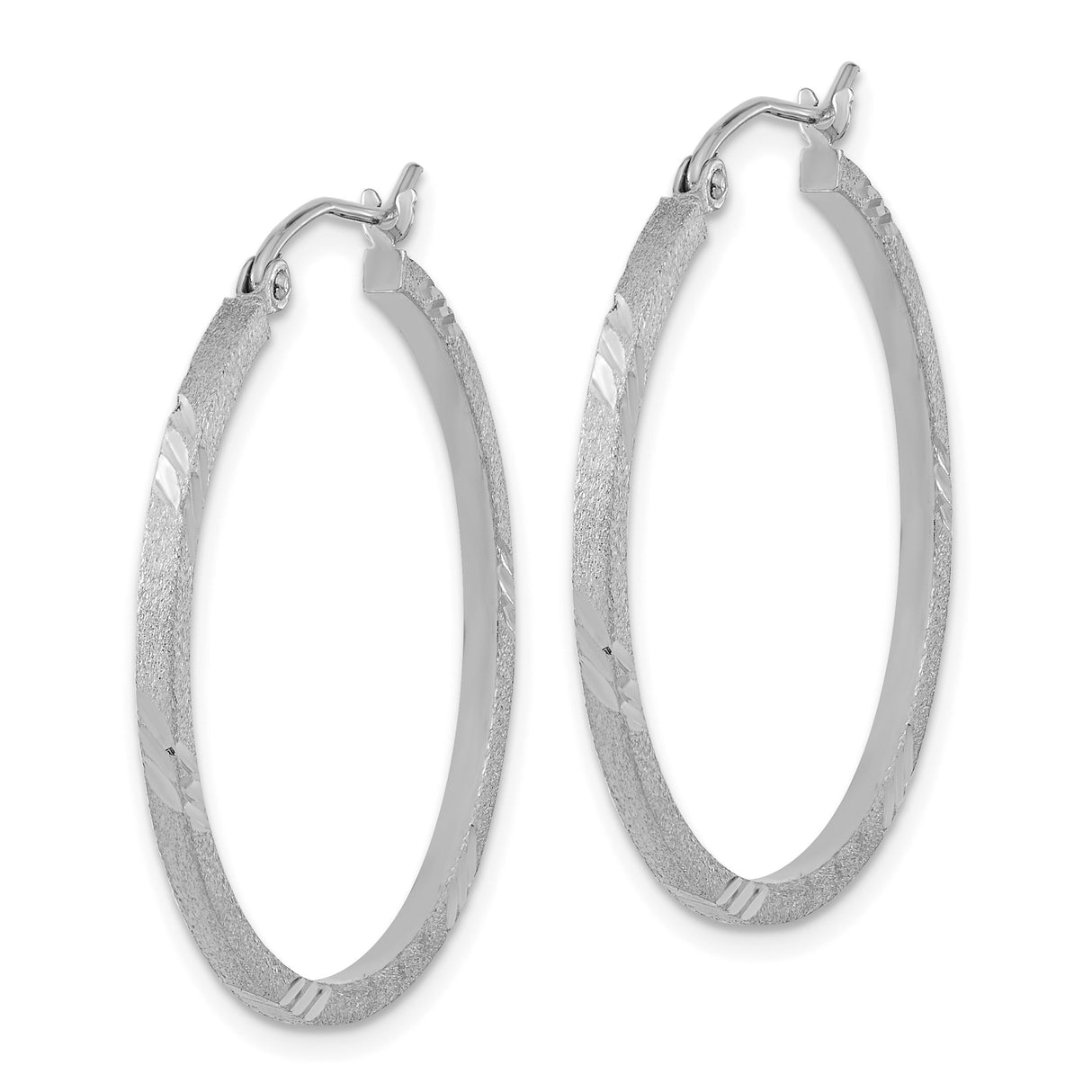 14k White Gold Hoop Earrings, Flat Textured Design with Diagonal Cuts, Lightweight Modern Style