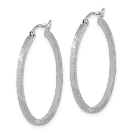 14k White Gold Hoop Earrings, Flat Textured Design with Diagonal Cuts, Lightweight Modern Style