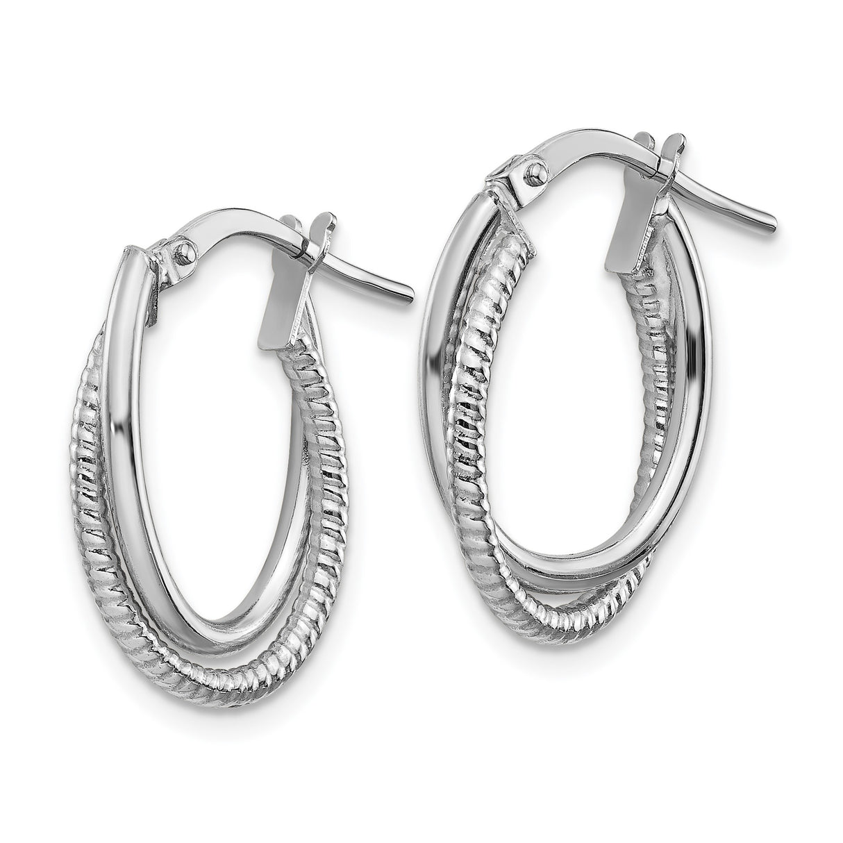 14k White Gold Oval Hoop Earrings, Polished and Ridged Texture, Lightweight Classic Style