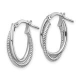 14k White Gold Oval Hoop Earrings, Polished and Ridged Texture, Lightweight Classic Style