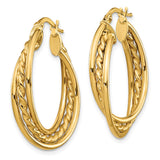 14k Yellow Gold Hoop Earrings, Braided Rope Texture, Polished Finish, Lightweight Twist Design