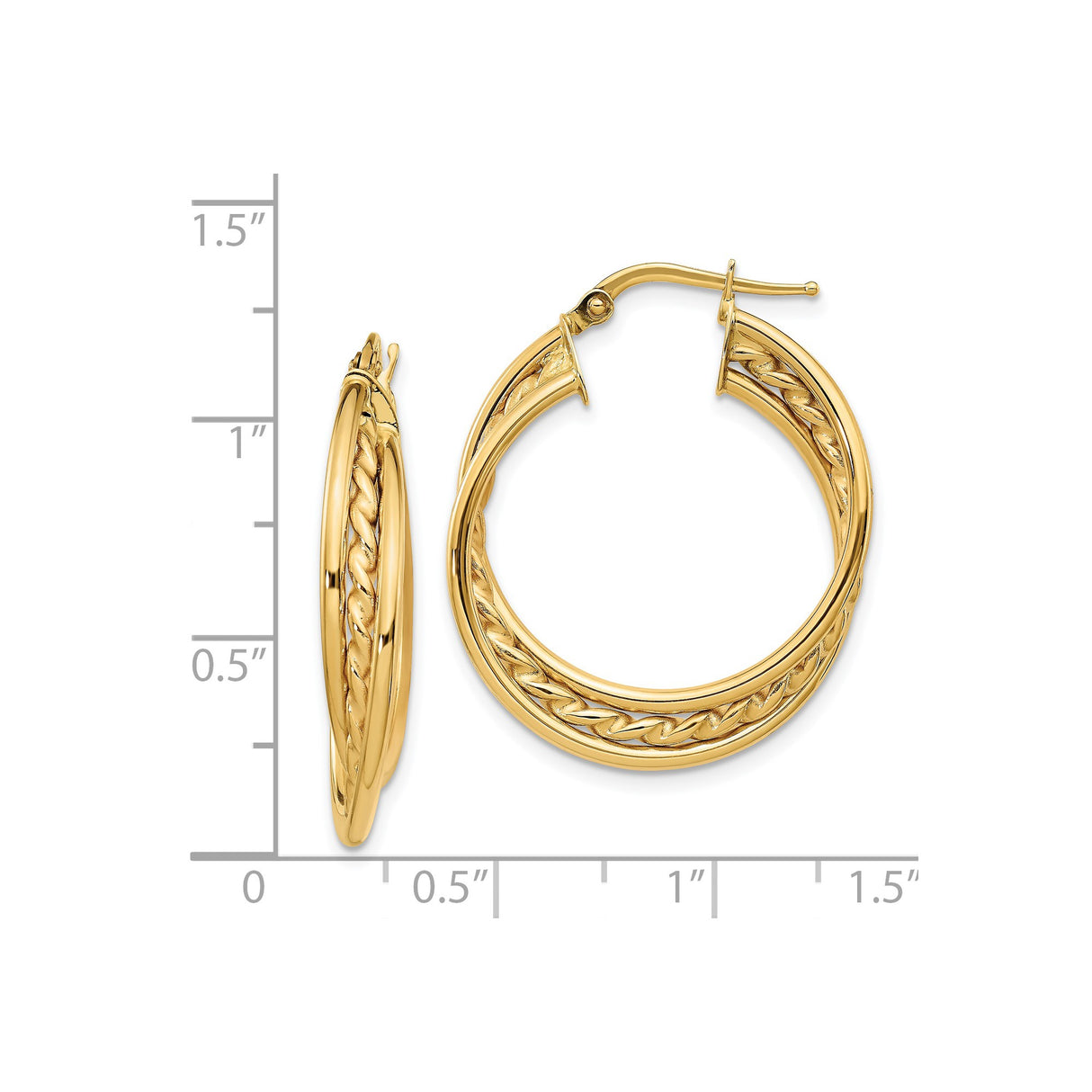 14k Yellow Gold Hoop Earrings, Braided Rope Texture, Polished Finish, Lightweight Twist Design