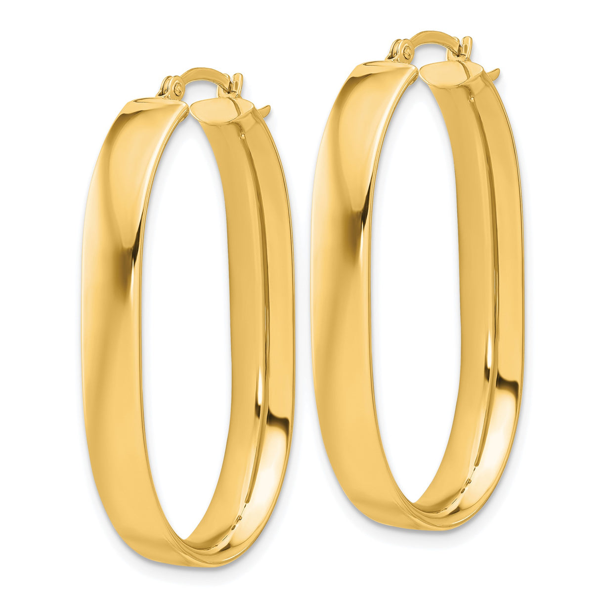 14k Yellow Gold Oval Hoop Earrings, Flat Edge, High Polish, Latch Back, Medium Size for Women
