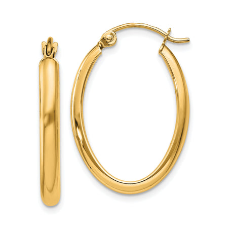 14k Yellow Gold Oval Hoop Earrings with Smooth High Shine Finish, Lightweight Classic Design
