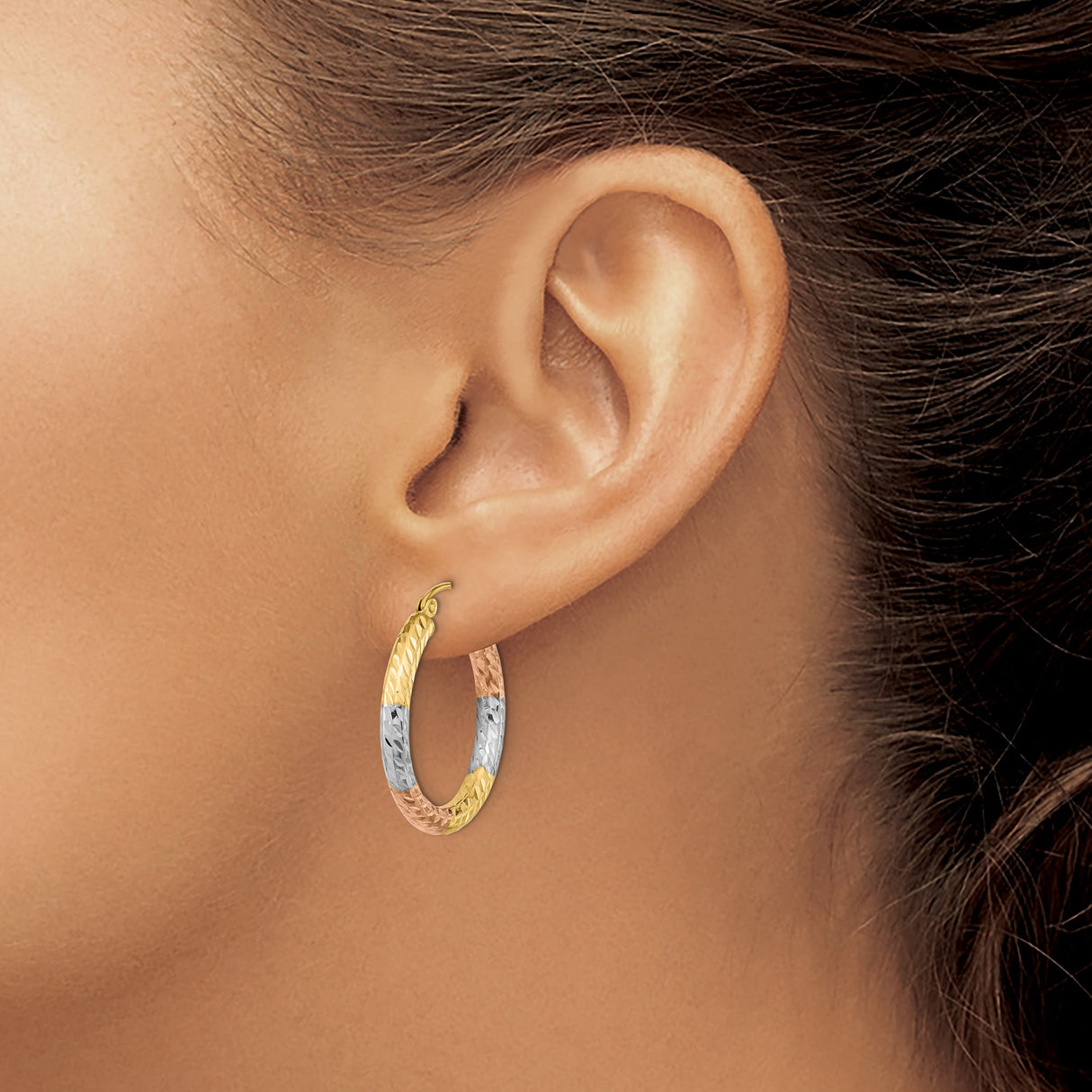 14k Tri-Color Gold Hoop Earrings, Diamond-Cut Textured Rose White Yellow Design