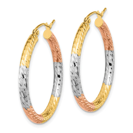 14k Yellow Gold Hoop Earrings with Diamond-Cut Finish, Textured Tri-Color Design for Women