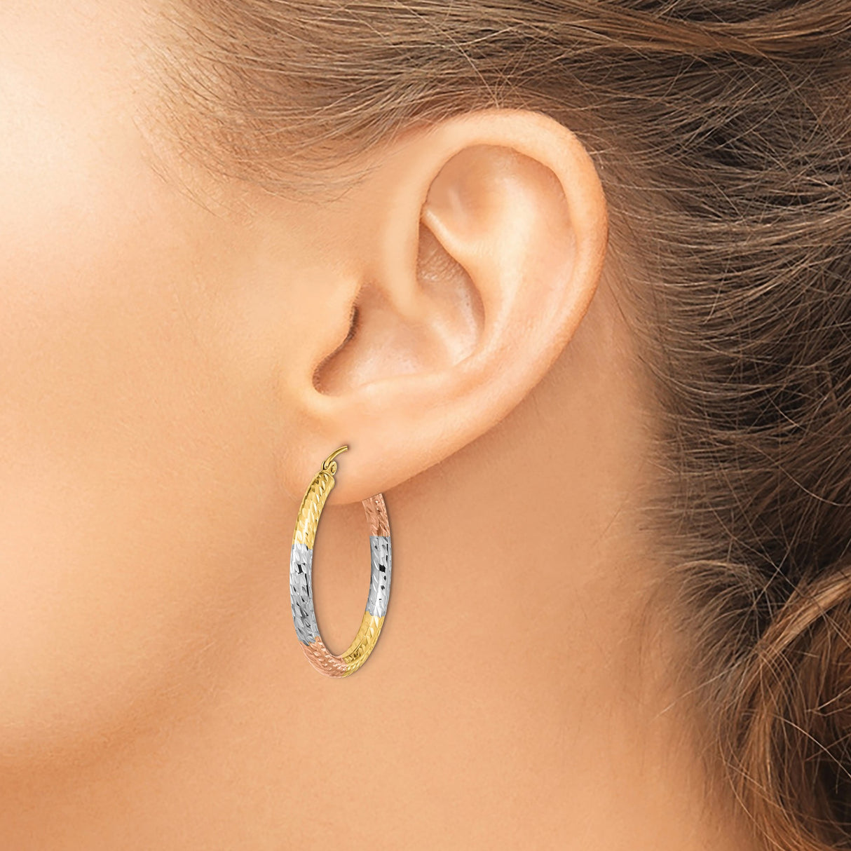 14k Yellow Gold Hoop Earrings with Diamond-Cut Finish, Textured Tri-Color Design for Women