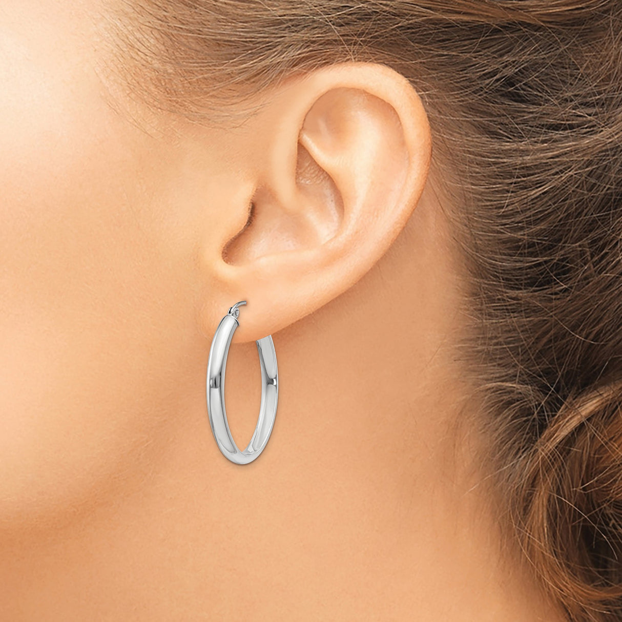 14k White Gold Oval Hoop Earrings, Lightweight Polished Tube Hoops with Latch Back Closure