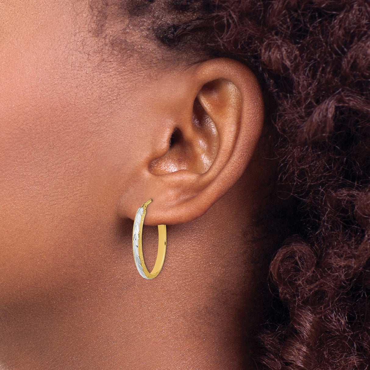 14k Yellow Gold Hoop Earrings with Rhodium Two-Tone Diamond Cut Chevron Pattern