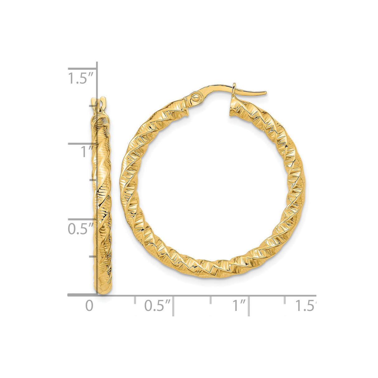 14k Yellow Gold Twisted Hoop Earrings, Diamond Cut Textured Large Round Hoops for Women