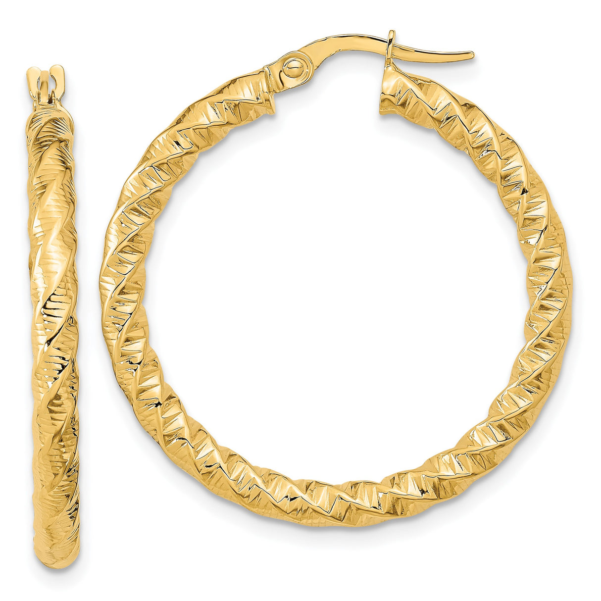 14k Yellow Gold Twisted Hoop Earrings, Diamond Cut Textured Large Round Hoops for Women