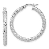 14k White Gold Twisted Hoop Earrings with Diamond-Cut Texture, Polished Finish, Lightweight Design