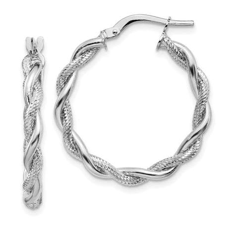 14k White Gold Twisted Hoop Earrings with Rope Design and Textured Polished Finish