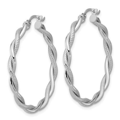 14k White Gold Twisted Hoop Earrings with Polished and Textured Interwoven Design